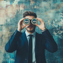 A man in a suit looking through binoculars that have "2025" written in the lenses, he is looking toward the 2025 job market