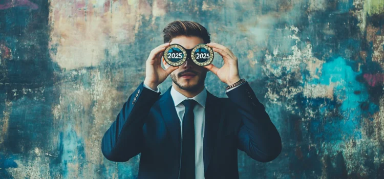 A man in a suit looking through binoculars that have "2025" written in the lenses, he is looking toward the 2025 job market