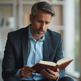 A man with graying hair and beard and a suit jacket reading a book with a plant and window in the background