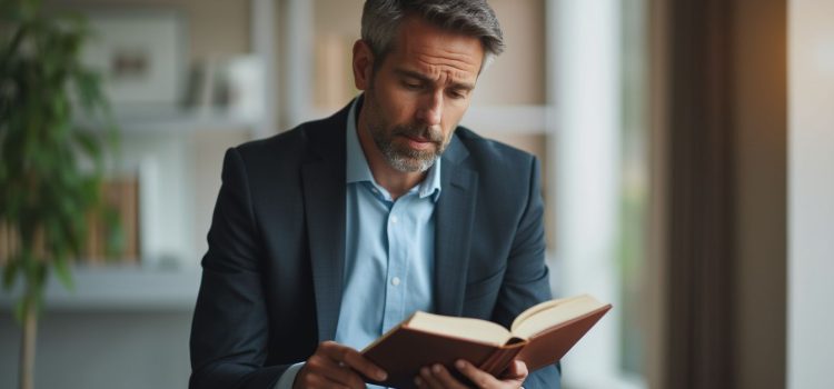 A man with graying hair and beard and a suit jacket reading a book with a plant and window in the background