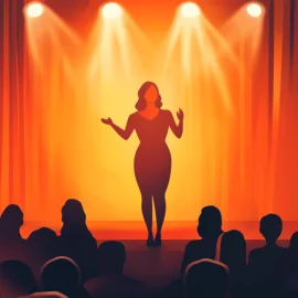 A cartoon image of a woman on a stage in front of an audience, demonstrating the steps of storytelling