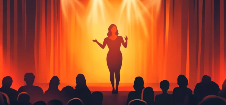 A cartoon image of a woman on a stage in front of an audience, demonstrating the steps of storytelling