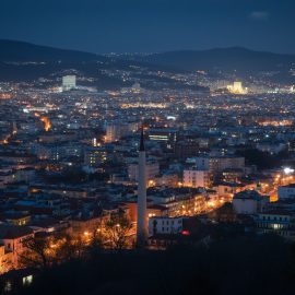 A brightly-lighted city at night, seen from above, illustrates sensory pollution