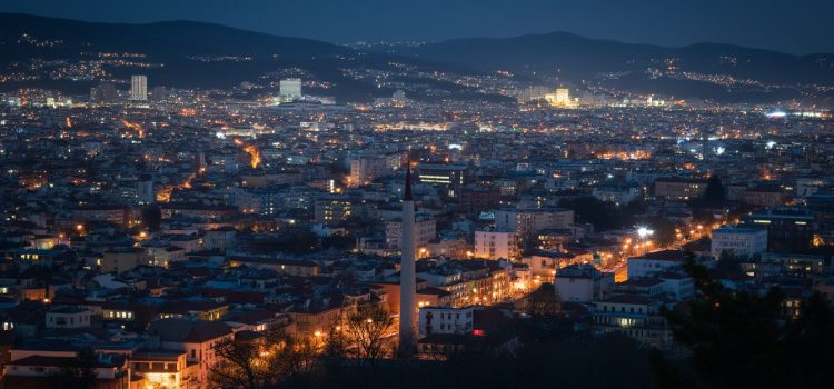 A brightly-lighted city at night, seen from above, illustrates sensory pollution