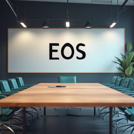 A conference room with "EOS" on a whiteboard illustrates the question "What is the Entrepreneurial Operating System?"