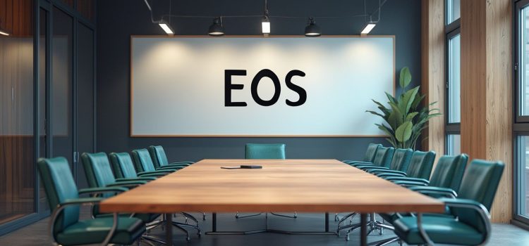 A conference room with "EOS" on a whiteboard illustrates the question "What is the Entrepreneurial Operating System?"