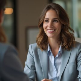 A professional woman with brown hair sitting across from someone while conducting COO interviews