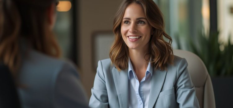 A professional woman with brown hair sitting across from someone while conducting COO interviews