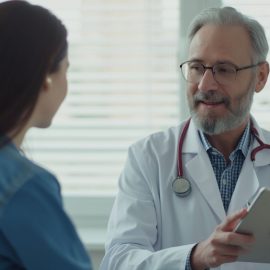 A male doctor with a white coat and beard talking with a female patient with brown hair illustrates accommodation for autism