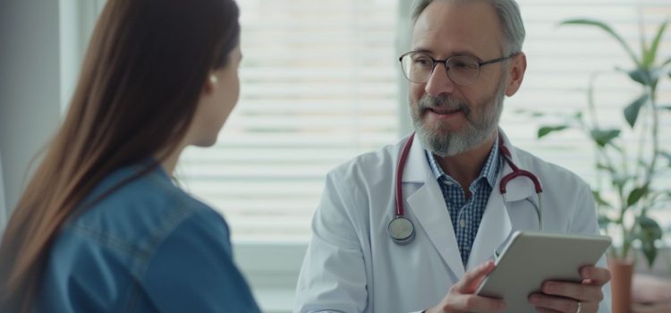 A male doctor with a white coat and beard talking with a female patient with brown hair illustrates accommodation for autism