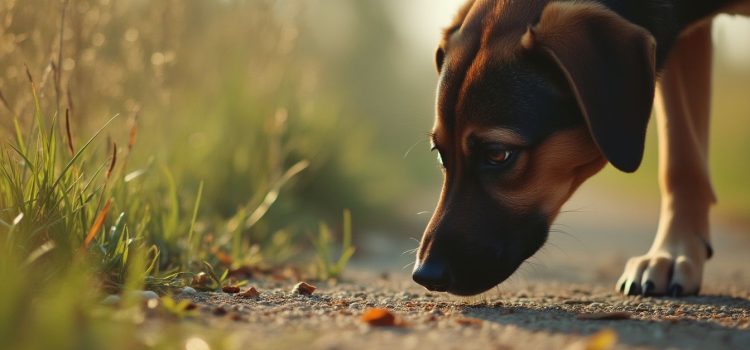 A dog sniffing something on the ground illustrates the sense of smell in animals