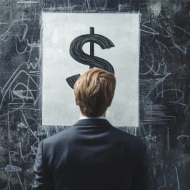 A businessman looking at a chalkboard with a dollar sign written on it as part of learning financial literacy for business owners