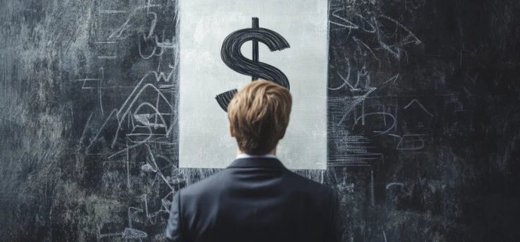 A businessman looking at a chalkboard with a dollar sign written on it as part of learning financial literacy for business owners