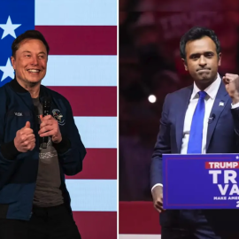 Split image with Elon Musk in front of an American flag and Vivek Ramaswamy speaking at a Trump/Vance campaign event