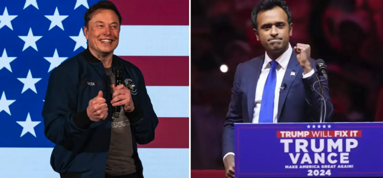 Imagen dividida con Elon Musk delante de una bandera estadounidense y Vivek Ramaswamy hablando en un acto de campaña de Trump/Vance.