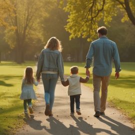 A father, mother, and two kids, seen from behind, holding hands and walking in a park illustrates fulfilling relationships