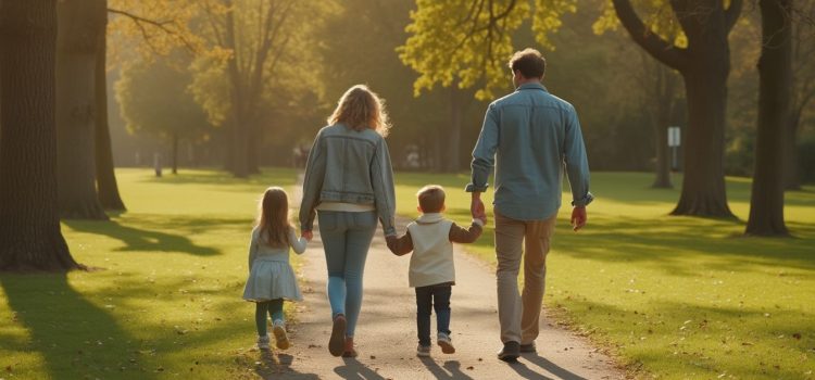 A father, mother, and two kids, seen from behind, holding hands and walking in a park illustrates fulfilling relationships