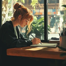 An artistic image of a girl writing in a notebook in a cafe, learning how to build a story