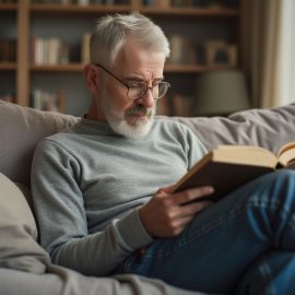 A man with gray hair, a beard, glasses, a gray shirt, and jeans reading a book on a couch with bookcases in the background