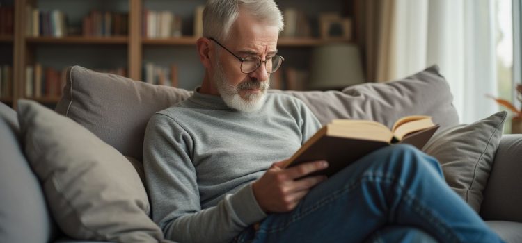 A man with gray hair, a beard, glasses, a gray shirt, and jeans reading a book on a couch with bookcases in the background