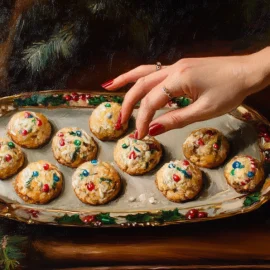 A hand reaching for holiday cookies on a platter, signifying winter weight gain