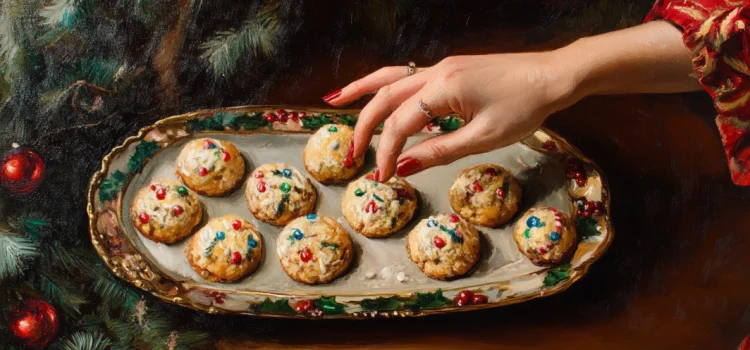 A hand reaching for holiday cookies on a platter, signifying winter weight gain