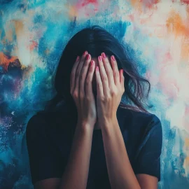 A woman covering her face in front of a colorful background, wondering how to handle negative emotions