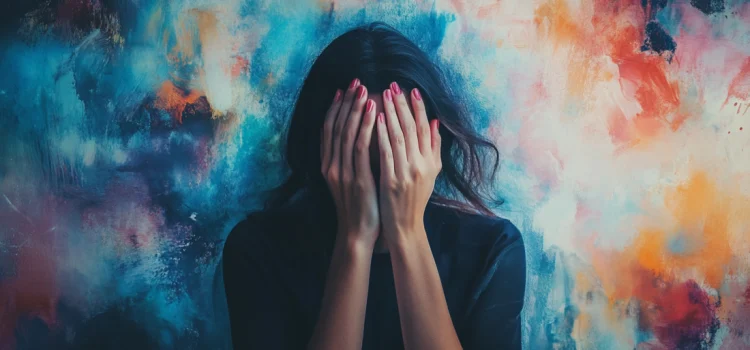 A woman covering her face in front of a colorful background, wondering how to handle negative emotions