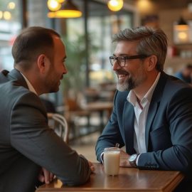 Two men, CEO and COO, smiling and chatting at a table in a cafe