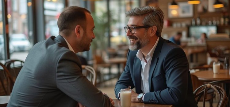 Two men, CEO and COO, smiling and chatting at a table in a cafe