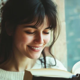 A happy woman reading a book