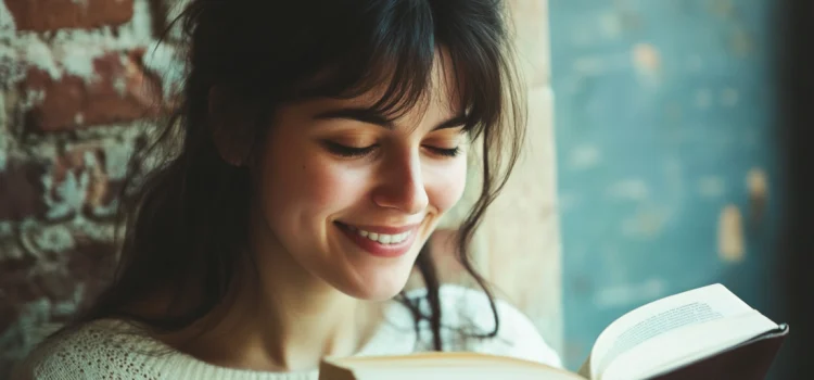 A happy woman reading a book