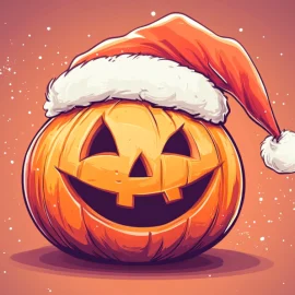 A cartoon image of a jack-o-lantern wearing a Santa hat