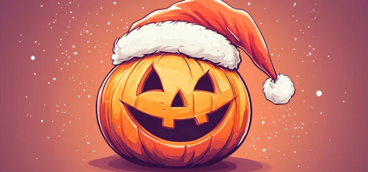 A cartoon image of a jack-o-lantern wearing a Santa hat