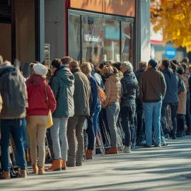 A long line of people outside a store, showing a business increasing a customer base