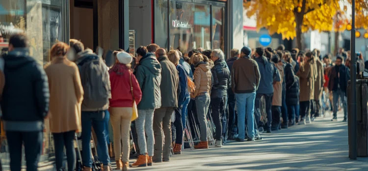 A long line of people outside a store, showing a business increasing a customer base