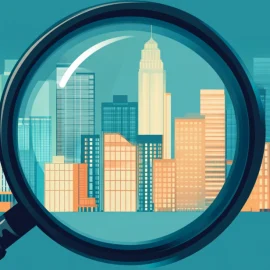 A magnifying glass focusing on buildings, representing how to find your niche in business