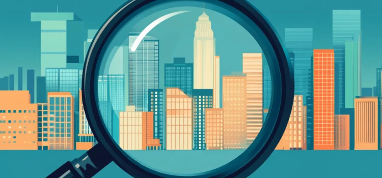 A magnifying glass focusing on buildings, representing how to find your niche in business