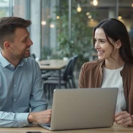 A salesperson and prospective client chatting at a desk in an open workspace illustrates sales prospecting strategies