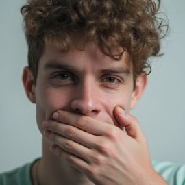 A man with brown eyes and curly brown hair holding his hand over his mouth illustrates bad communication habits