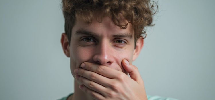 A man with brown eyes and curly brown hair holding his hand over his mouth illustrates bad communication habits