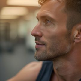 A close-up of a man with a light beard and a blue tank top in a gym illustrates the athlete lifestyle