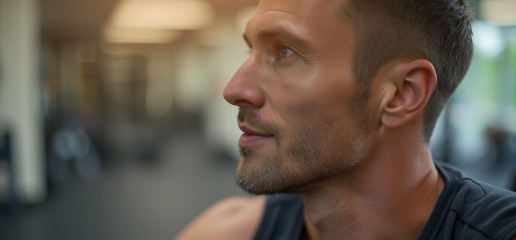 A close-up of a man with a light beard and a blue tank top in a gym illustrates the athlete lifestyle