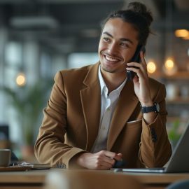 A male salesperson conducting telephone prospecting via a mobile phone at a desk in an open workspace