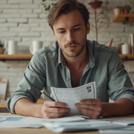 A man looking at personal finance metrics on papers in a kitchen with shelves of dishes, plants, and books in the background