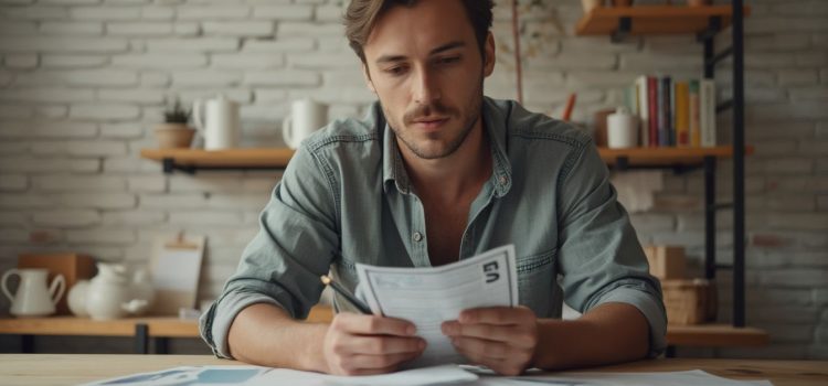 A man looking at personal finance metrics on papers in a kitchen with shelves of dishes, plants, and books in the background