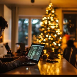 A man remote working during Christmas, he sits at the kitchen table while his family gathers around the Christmas tree