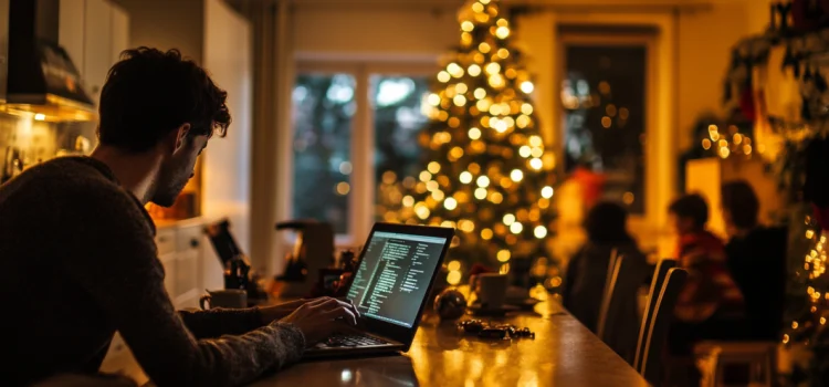 A man remote working during Christmas, he sits at the kitchen table while his family gathers around the Christmas tree