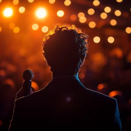 The silhouette of a man standing on stage in front of an audience with stage lights pointed on him