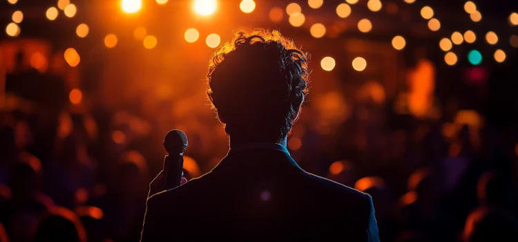 The silhouette of a man standing on stage in front of an audience with stage lights pointed on him